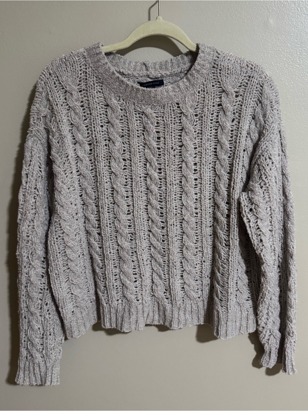 American Eagle Outfitters Cable Knit Crewneck Sweater - Light Gray